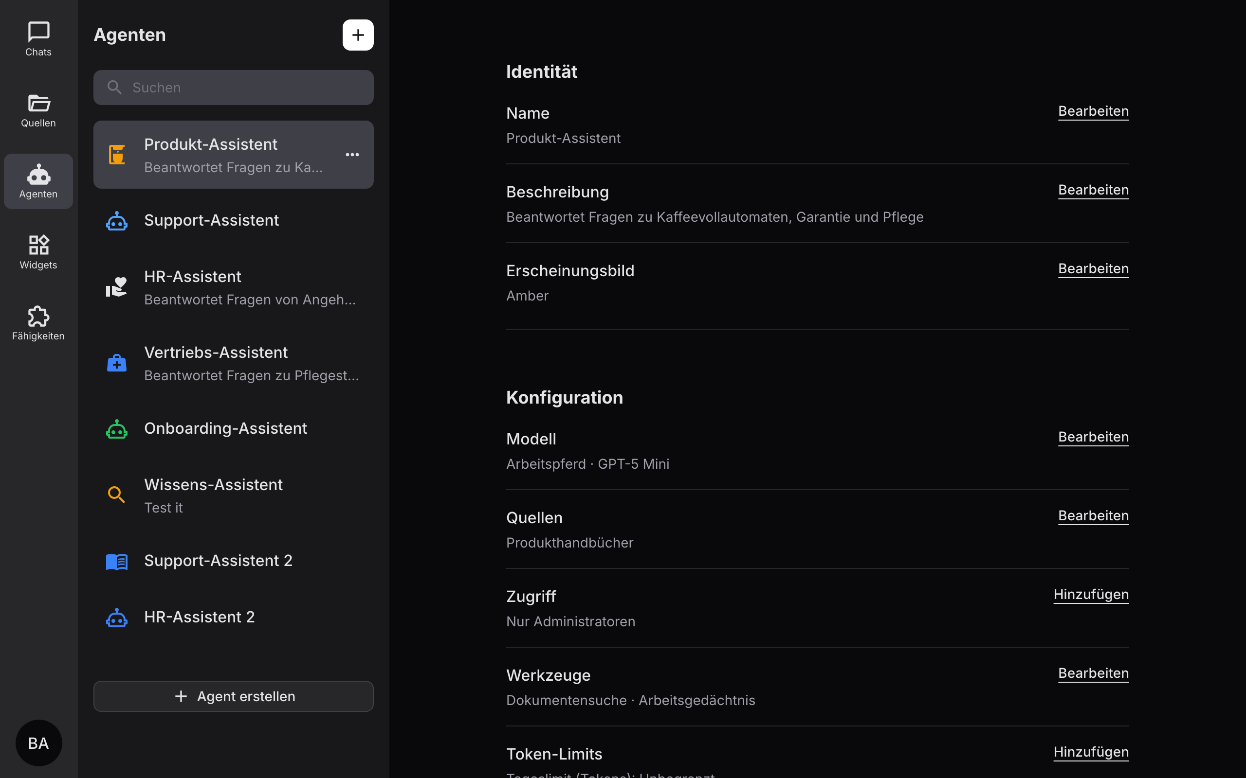 Formular zur Einrichtung eines DocyIQ-Assistenten – Rolle, Wissensbasis und Werkzeuge