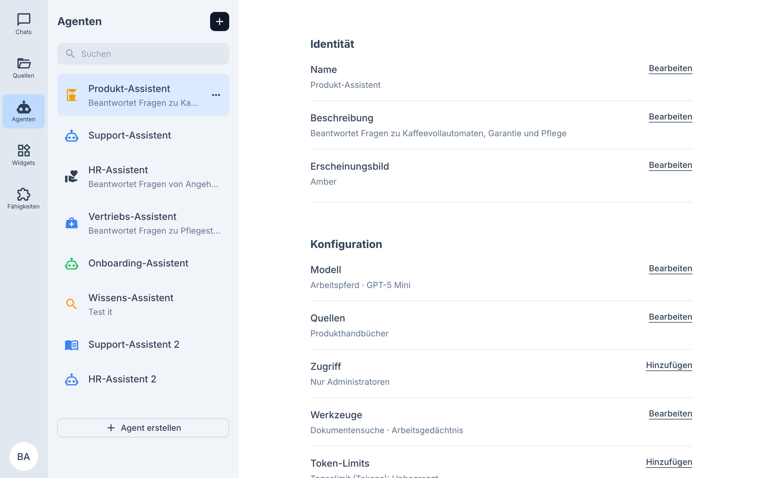Formular zur Einrichtung eines DocyIQ-Assistenten – Rolle, Wissensbasis und Werkzeuge