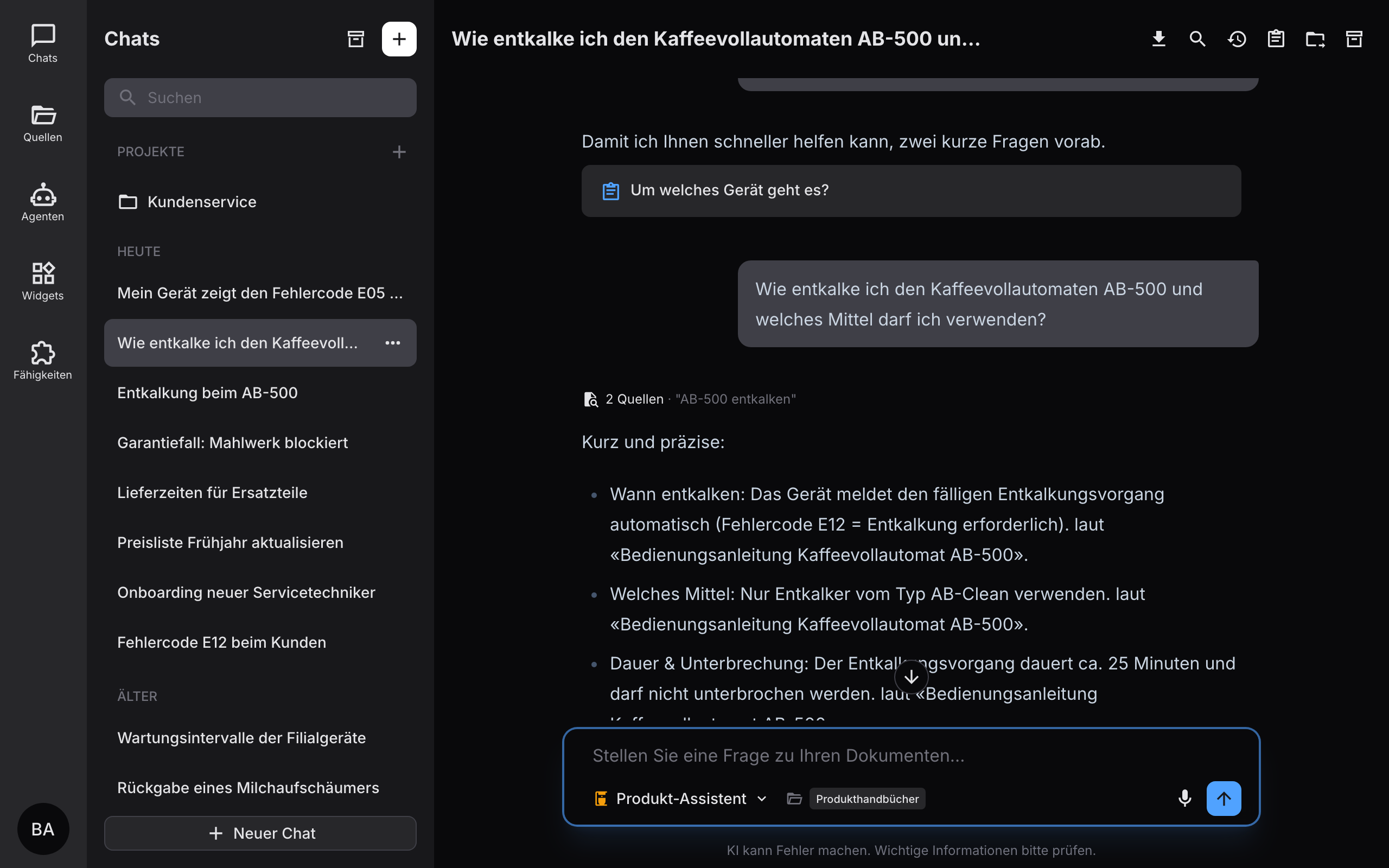 DocyIQ beantwortet eine Frage aus den eigenen Firmendokumenten und zeigt die Quellen dazu