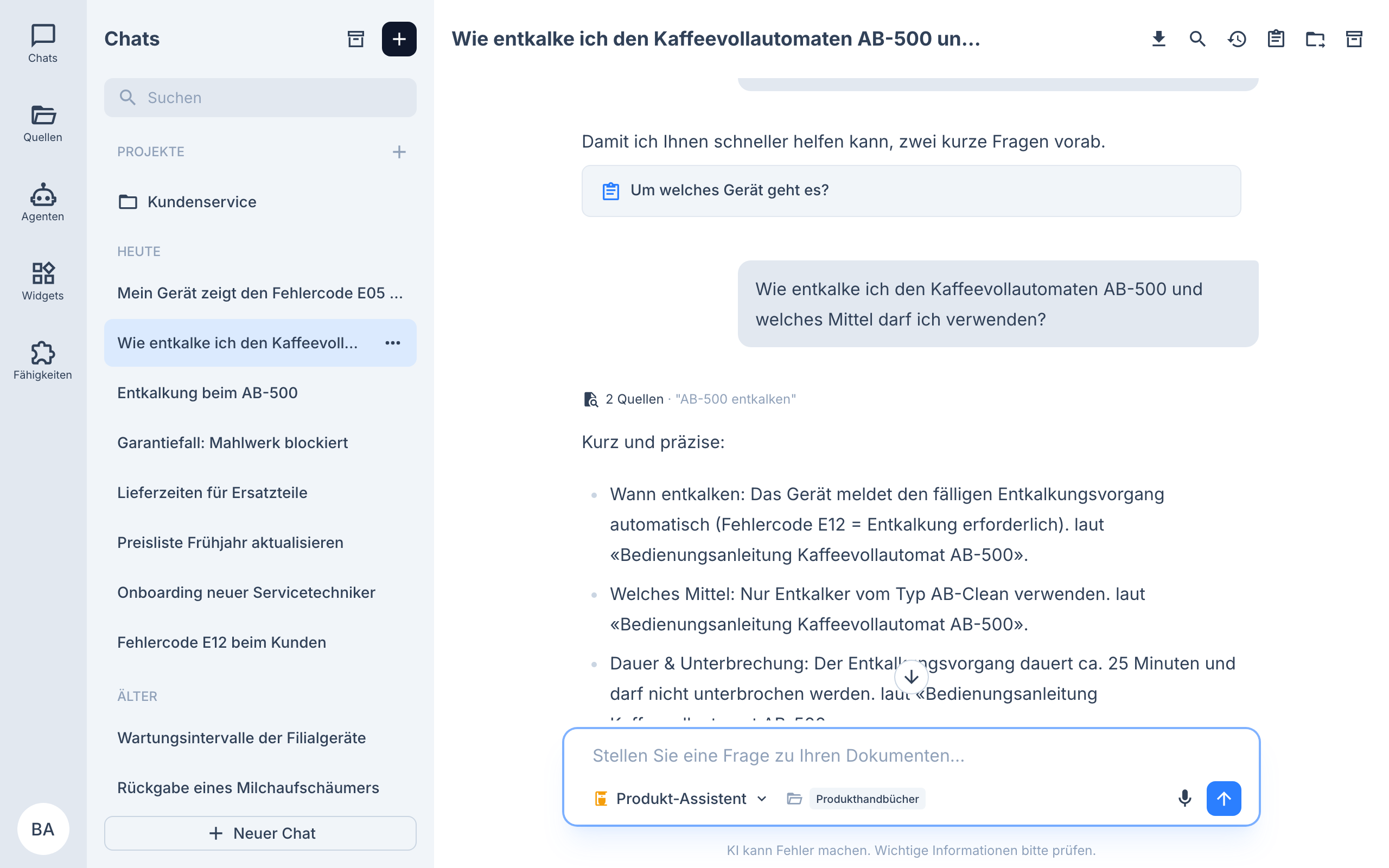 DocyIQ beantwortet eine Frage aus den eigenen Firmendokumenten und zeigt die Quellen dazu