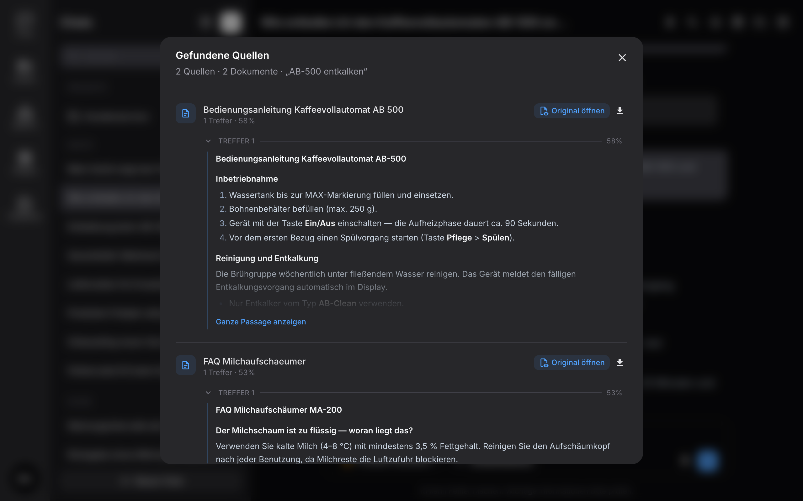 Dialog mit den gefundenen Quellen und ihren Fundstellen zu einer Antwort