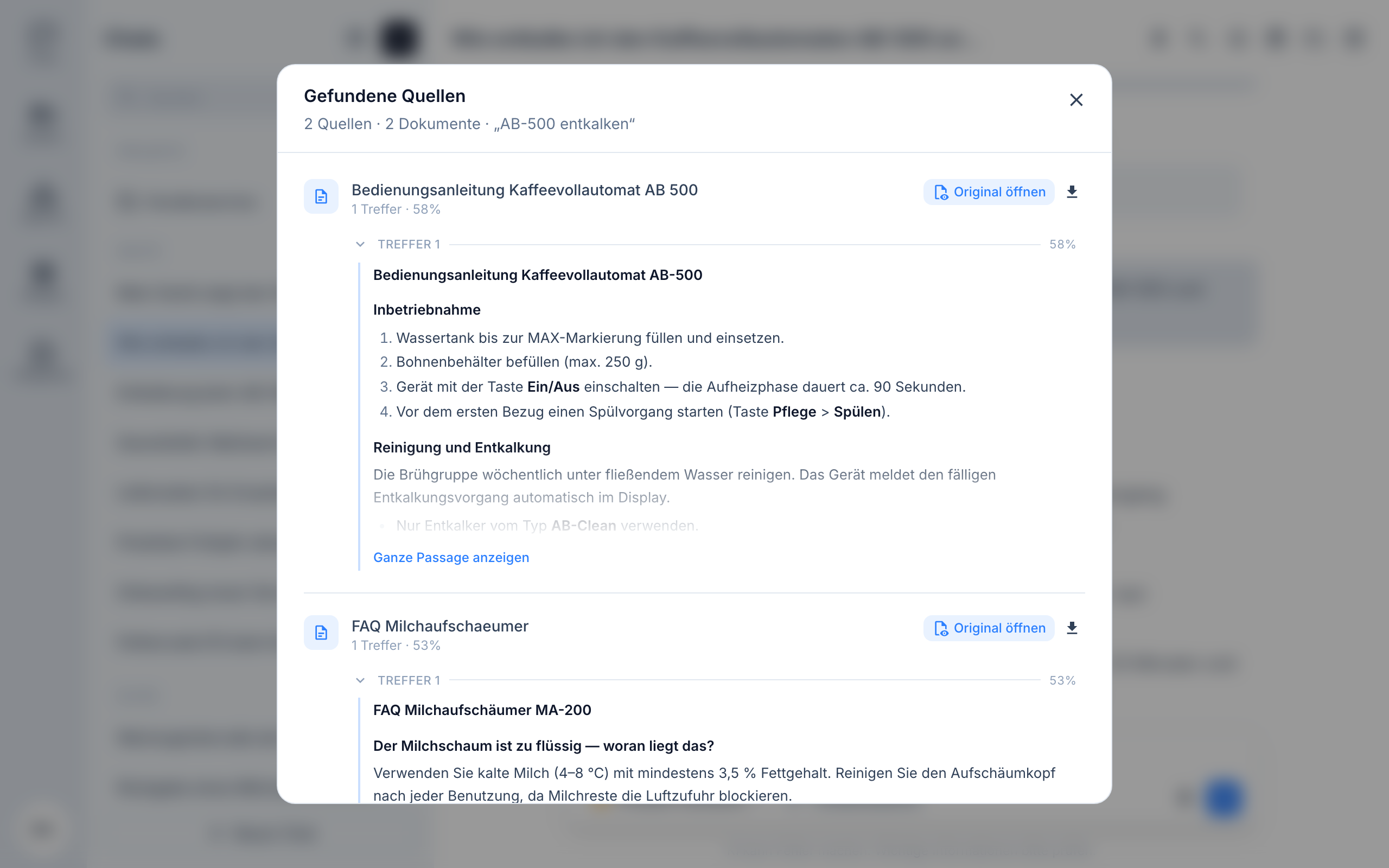 Dialog mit den gefundenen Quellen und ihren Fundstellen zu einer Antwort