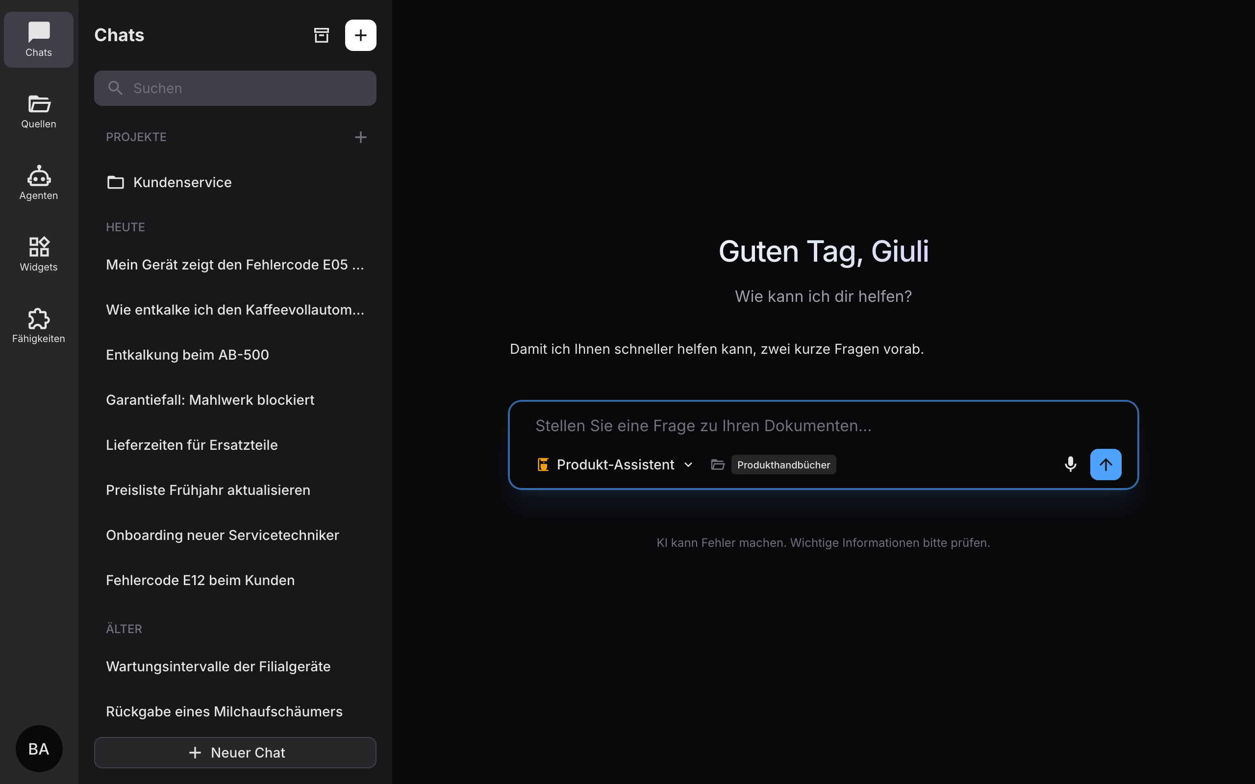 Chat-Bereich mit Navigation und Chat-Liste
