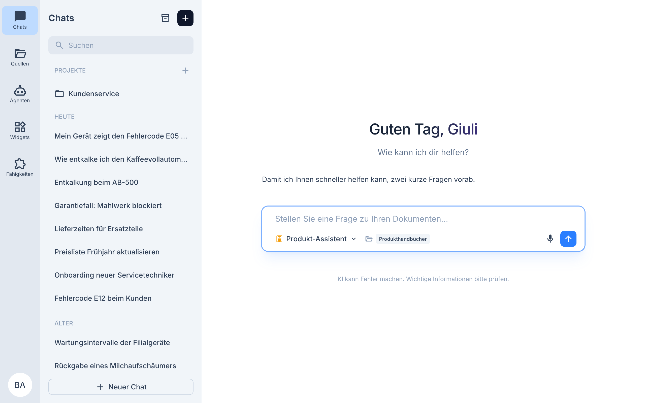 Chat-Bereich mit Navigation und Chat-Liste