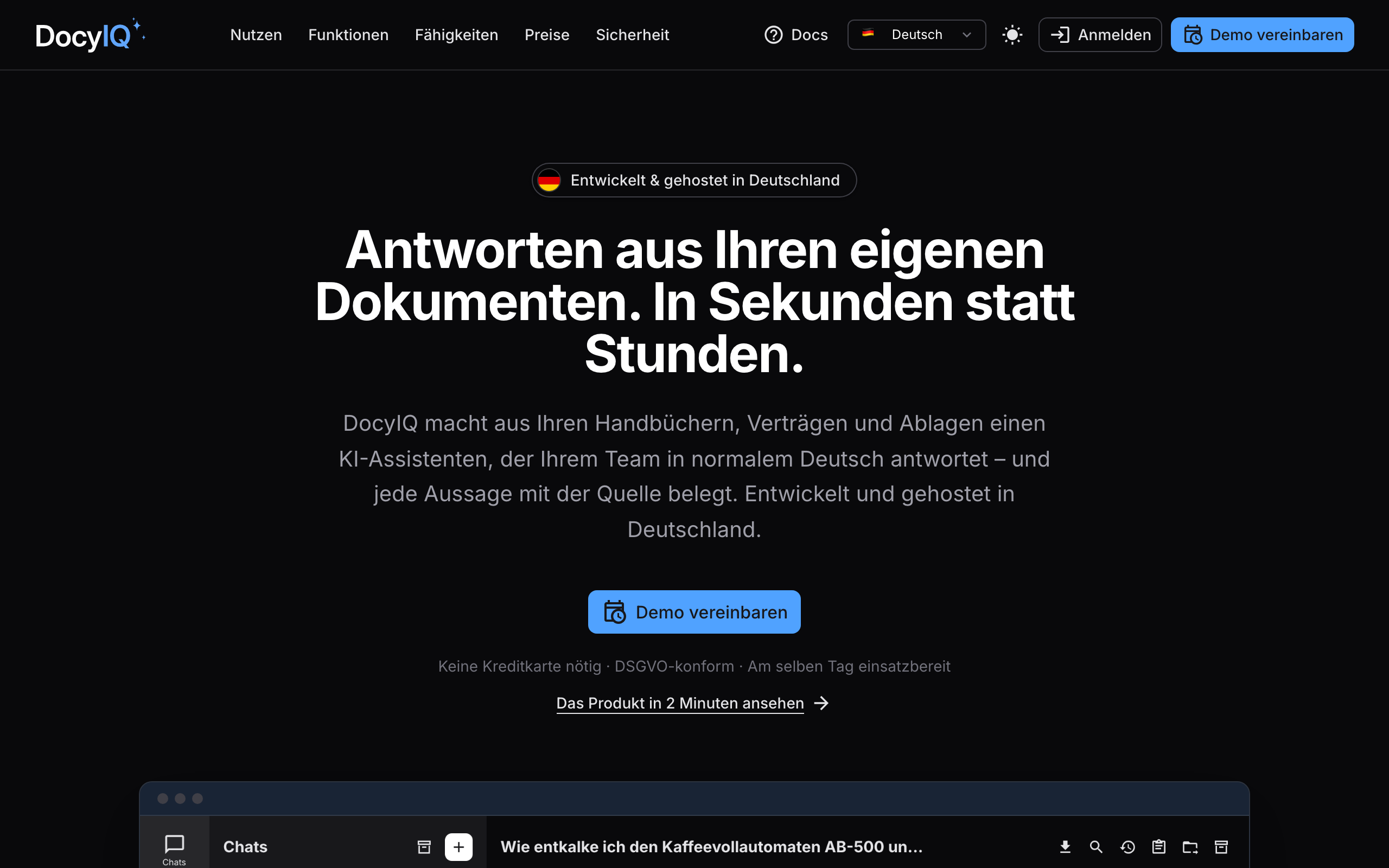 Startseite mit dem Anmelden-Button oben rechts