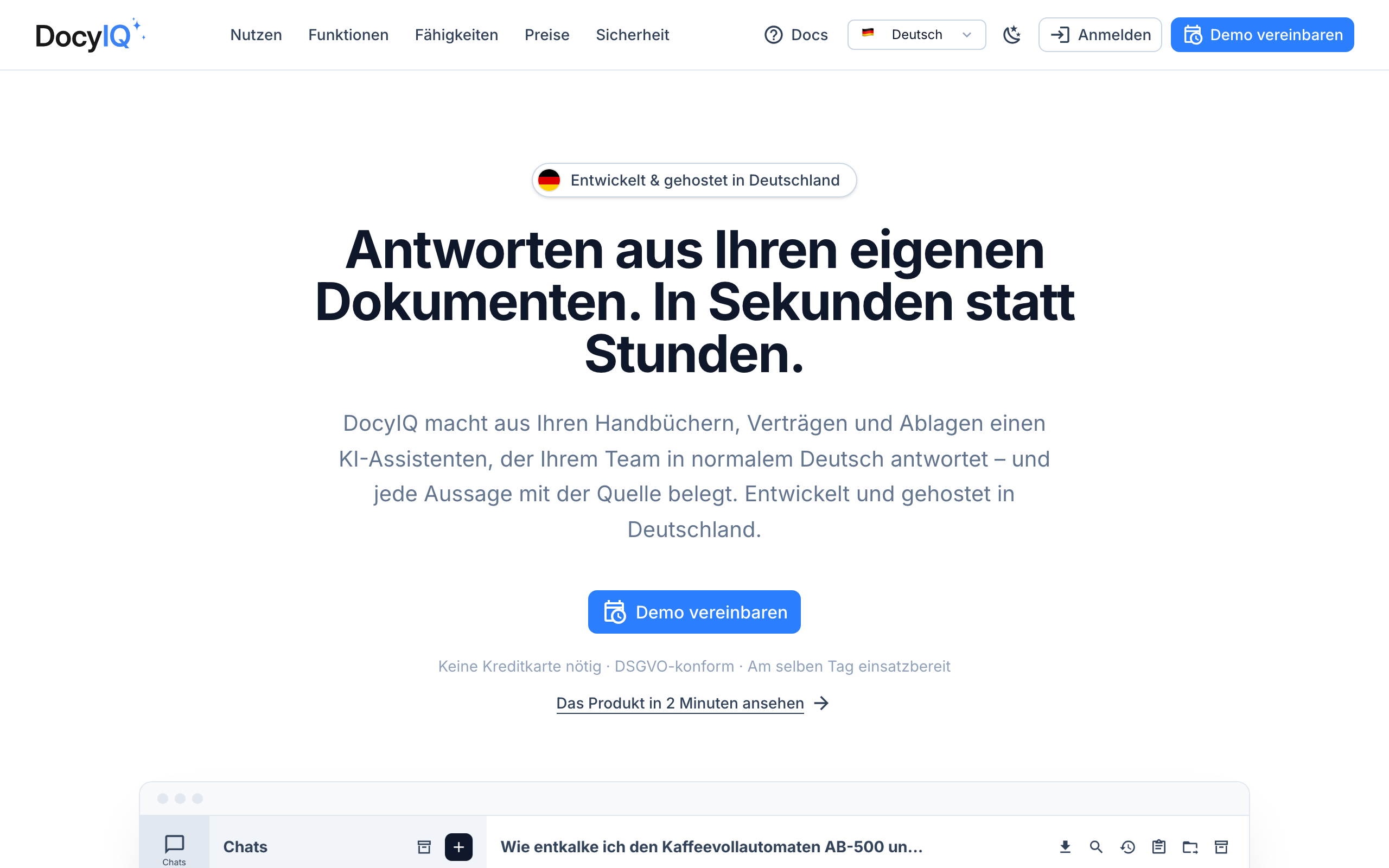 Startseite mit dem Anmelden-Button oben rechts