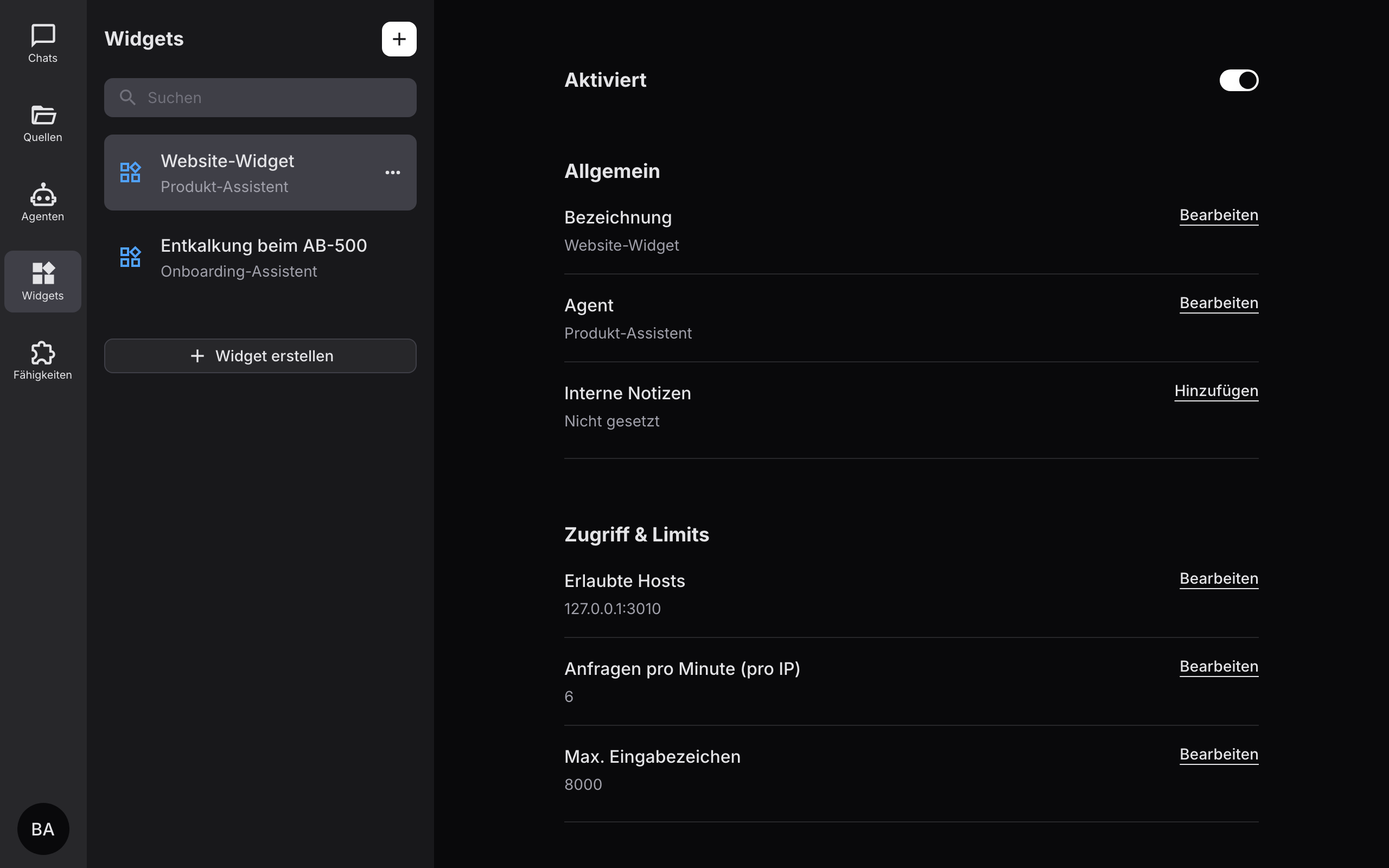 Widget-Konfiguration mit Zugriff & Limits