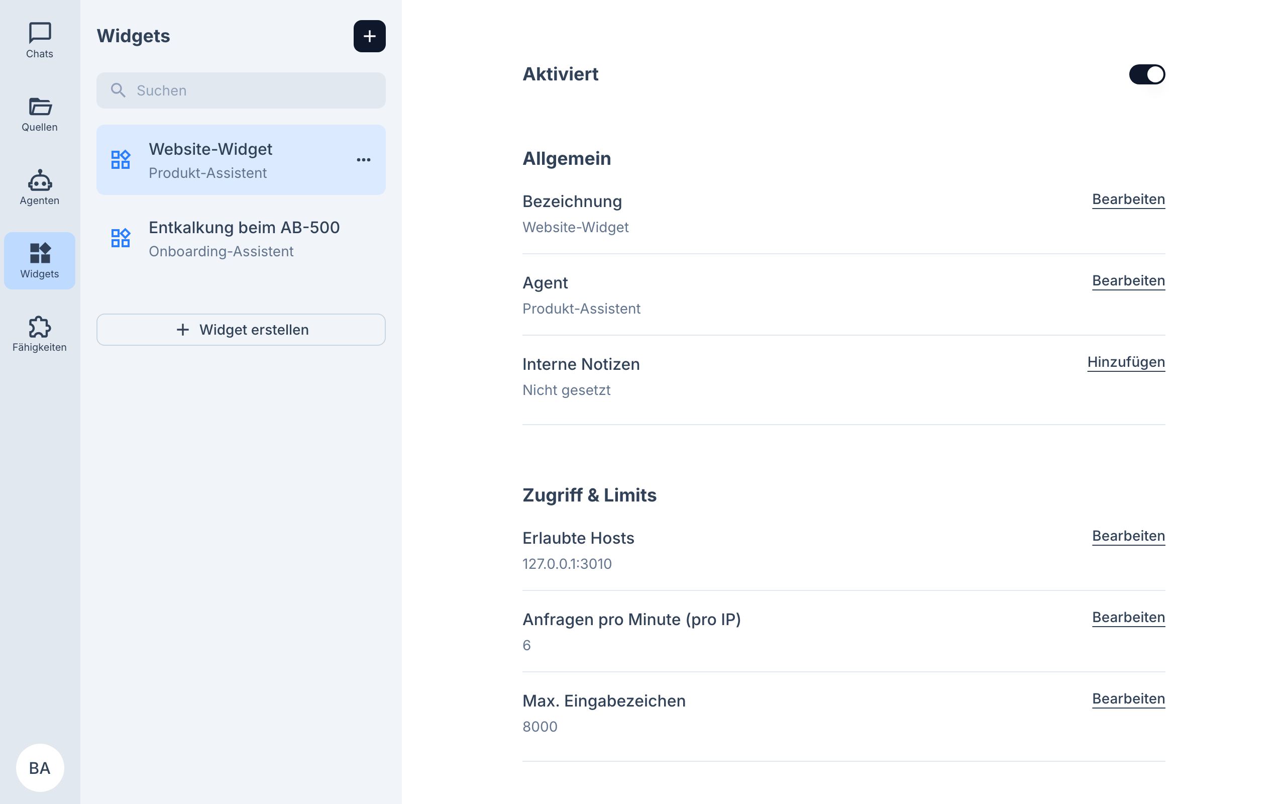 Widget-Konfiguration mit Zugriff & Limits